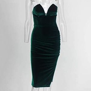 Strapless Ruched Velvet Split Bodycon Midi Dress